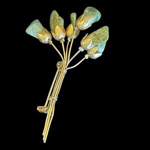 Vintage Gold Tone Green Genuine Stone Flower Bouquet Corsage Pin Brooch Unique